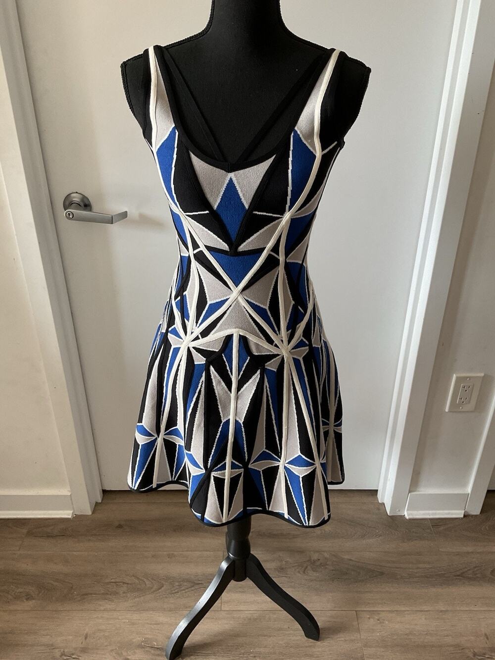 Herve Leger Hazel Geometric Patchwork Jacquard Bandage Dress Blue Black White
